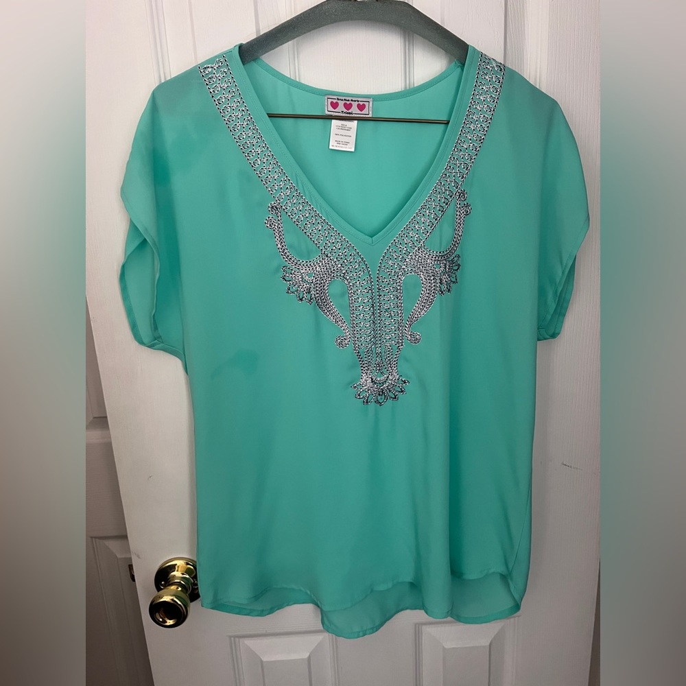 Three Pink Hearts Trixxi Turquoise/Mint Embroidered Blouse Women size M Y2K/2010